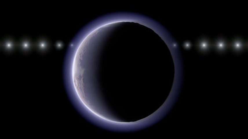 Concepção artística desta pesquisa, mostrando uma sequência temporal imaginada da passagem de uma estrela atrás de um objeto transnetuniano (TNO) com atmosfera.