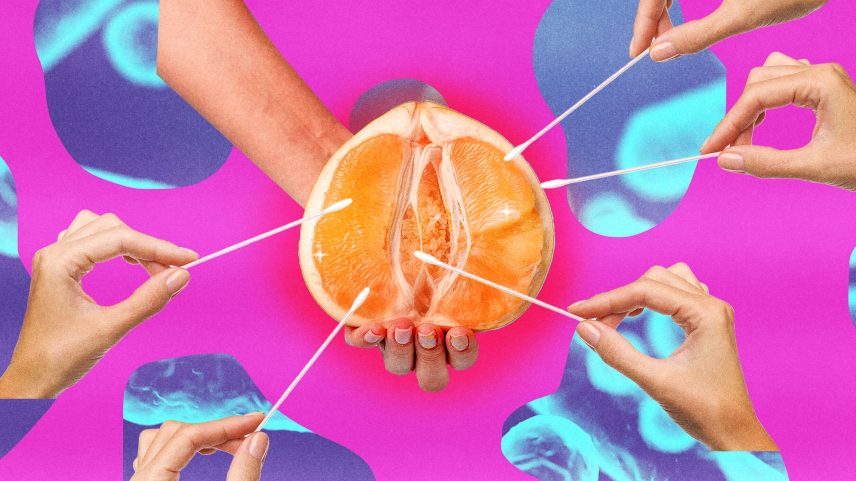 Multiple hands with cotton swabs surrounding a hand holding a cut grapefruit.