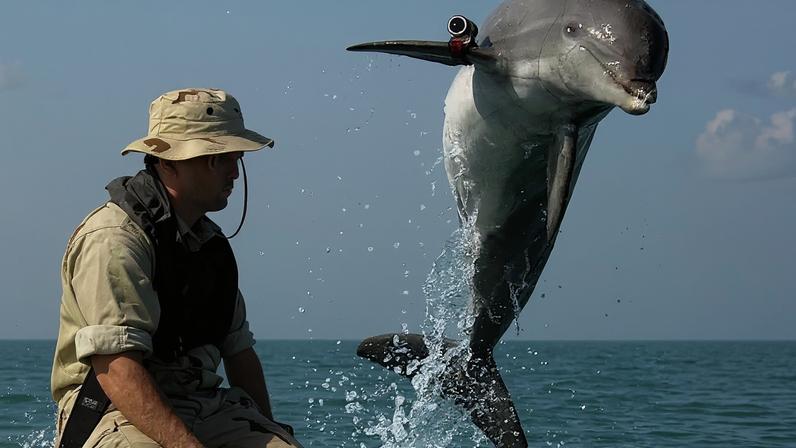 Fotografia de um homem e um golfinho no interior de um barco.