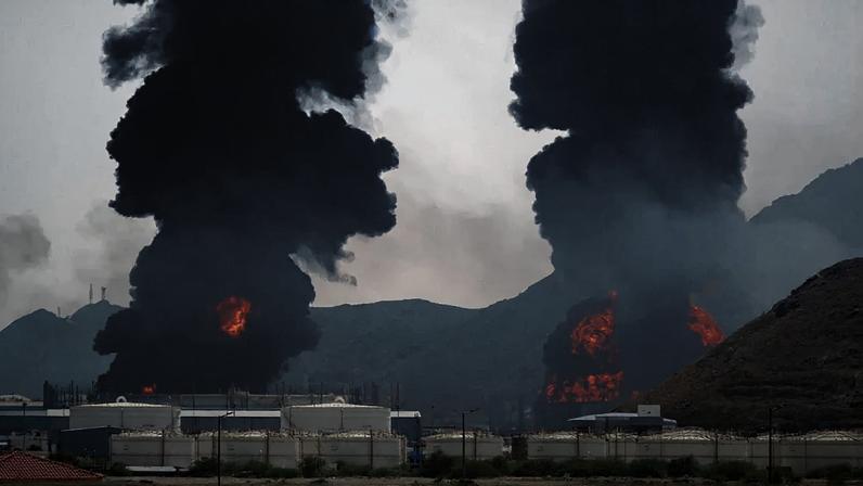 Colunas de fumaça pretas sobre as instalações de uma refinaria nos Emirados Árabes Unidos atingida por um drone iraniano em março de 2026.