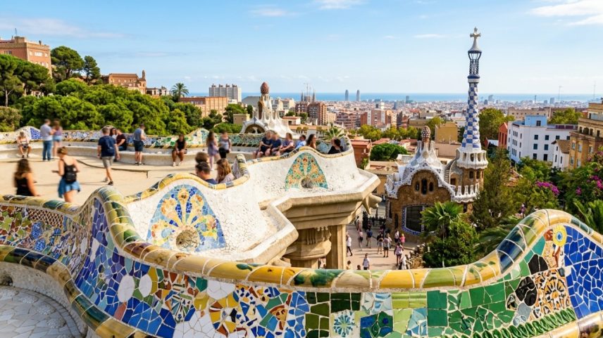 Jardins e estruturas curvas cobertas por mosaicos de azulejos coloridos na Espanha – Créditos: depositphotos.com / bluebe