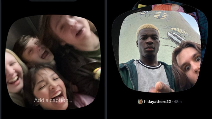 A tela inicial do Instants mostra a câmera aberta para capturar fotos em tempo real, sem opção de envio pela galeria — Foto: Reprodução / Play Store