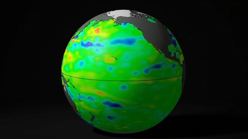 Sentinel-6 satellite map of the Pacific Ocean (Mar 2, 2026) showing sea level anomalies in false color: red/orange = above average, green = normal, blue = below average.