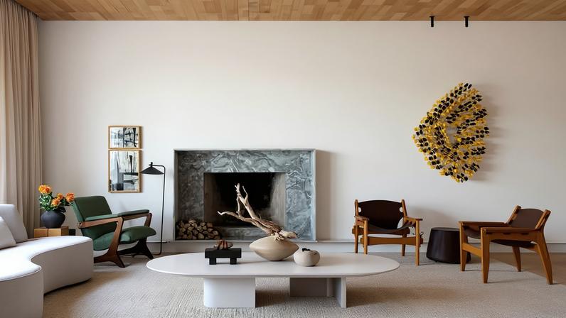 SALA DE ESTAR | O projeto de design de interiores repaginou o imóvel, mas preservou a essência da construção, como a lareira que recebeu novo revestimento de mármore Avalanche. Sofá orgânico com desenho da Patrícia Anastassiadis para Artefacto, de onde também é a mesa de centro. Tapete da Oficina do Tapete. À direita, na parede, obra de arte Abelha, de Luiz Hermano, na Galeria Lume, é o pano de fundo para o par de poltronas Kilin, de Sergio Rodrigues, e banco Nero, de Isabelle de Mari, na Olho Móveis. À esquerda, poltrona verde Zeca, de Zanine Caldas, com quadros da série Bombinhas, de Claudio Cretti, na Galeria Marilia Razuk