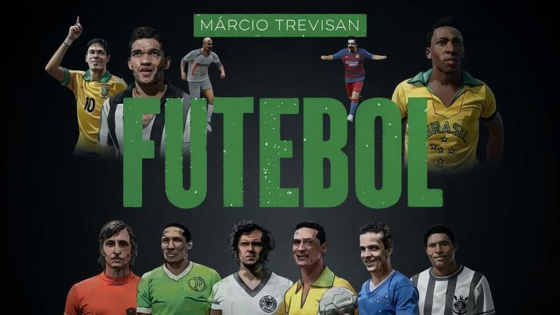 Capa do livro "A História do Futebol Para Quem Tem Pressa" de Márcio Trevisan, com ilustrações de jogadores famosos como Pelé, Maradona, Messi e Neymar, em fundo branco texturizado, com o título em letras grandes verdes e pretas. Abaixo, a frase "Do apito inicial ao grito de campeão em 200 páginas!". No canto inferior direito, o logo da editora Valentina