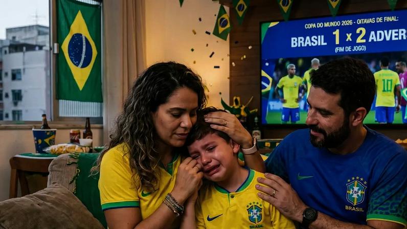 Copa 2026 com derrota do Brasil e frustração de crianças: o que pais devem fazer, como nunca agir e quando sentimento gera preocupação, segundo especialista? Foto ilustrativa gerada por IA pelo Google.