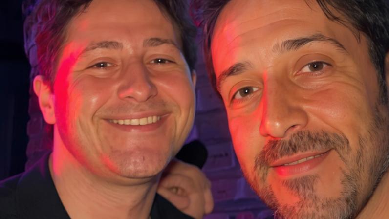Daniel Bull (left) with Arsenal’s set-piece coach Nicolas Jover in the nightclub where Arsenal celebrated their title win on Tuesday.