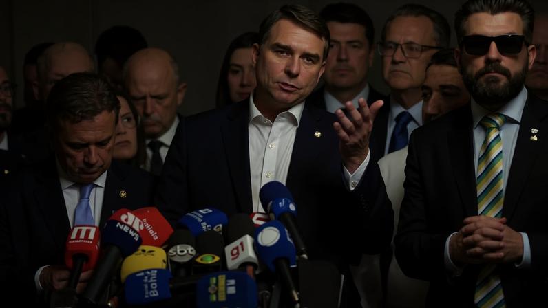 Senador Flávio Bolsonaro em pronunciamento a jornalistas em que confirma visita a Daniel Vorcaro após prisão do ex-banqueiro