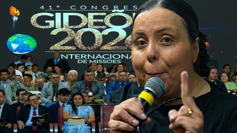 A pastora Helena Raquel no congresso Gideões 2026. (Foto: Reprodução/YouTube/Gideões Missionários da Última Hora)