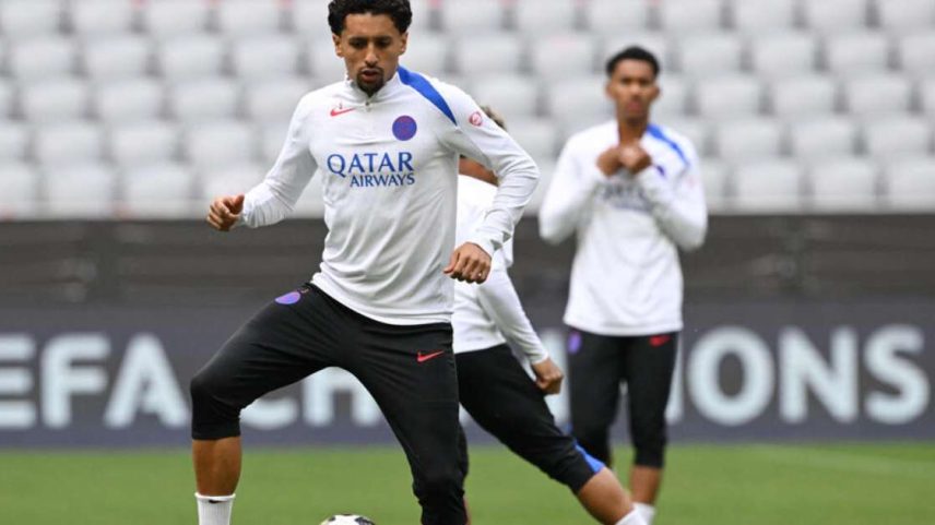 O capitão do PSG Marquinhos durante treino do time parisiense no estádio Allianz Arena, em Munique, antes da partida decisiva contra o Bayern pela semifinal da Champions. 05/05/2026