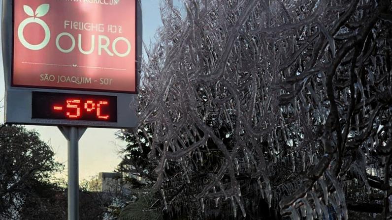 Termômetro em 2025 marcando temperatura negativa em São Joaquim (SC) — Foto: Reprodução