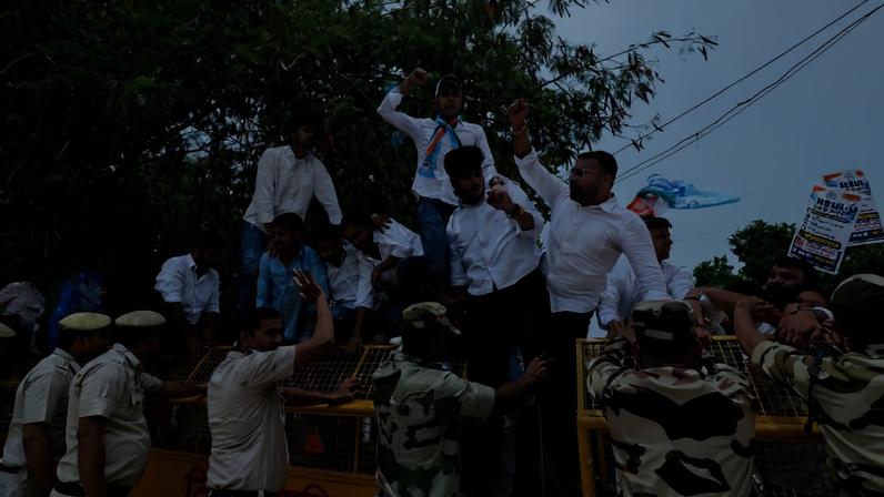 National Students’ Unions of India (NSUI) members protest at the CBSE headquarters in New Delhi, India, on May 30.