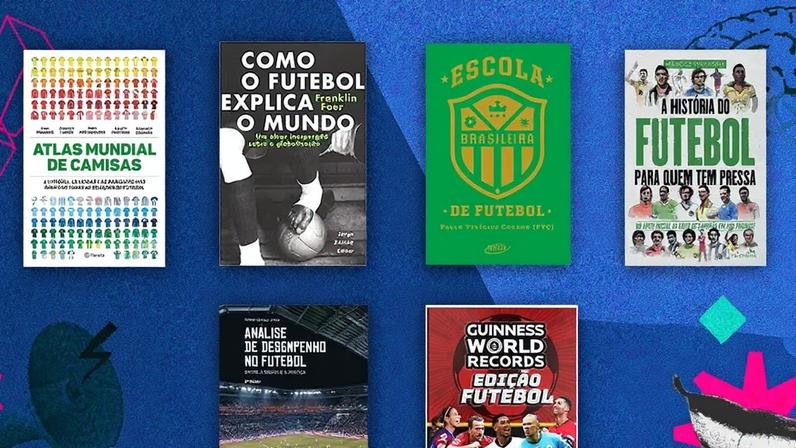 Seis livros sobre futebol dispostos em duas linhas sobre um fundo azul com formas geométricas e um megafone estilizado. Os títulos incluem "Atlas Mundial de Camisas", "Como o Futebol Explica o Mundo", "Escola Brasileira de Futebol", "A História do Futebol Para Quem Tem Pressa", "Análise de Desempenho no Futebol" e "Guinness World Records Edição Futebol"