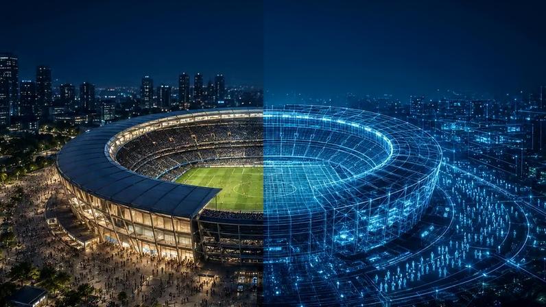 Imagem produzida por inteligência artificial para ilustrar os gêmeos digitais que serão utilizados na Copa do Mundo 2026
