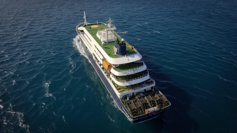 Navio MV Hondius ancorado ao largo do porto da cidade da Praia, em Cabo Verde, no domingo 3 de Maio de 2026.