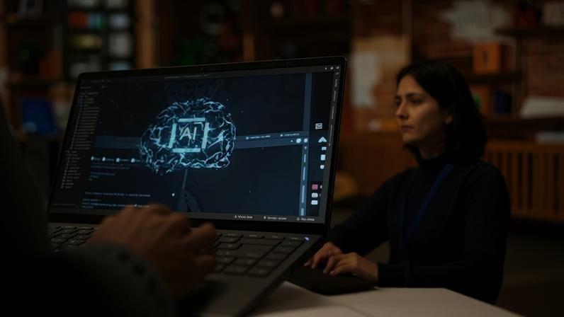Trabalhador usando tecnologia de IA em seu computador