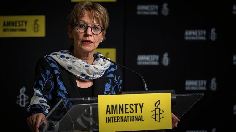 Agnès Callamard, secretária-geral da Anistia Internacional, durante apresentação do relatório anual 2025/26, em Londres, em 20 de abril de 2026. Foto de arquivo.