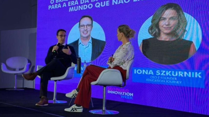 O presidente do Insper, Guilherme Martins, e a CEO do Education Journey, lona Szkurnik, em palestra no São Paulo Innovation Week (SPIW).
