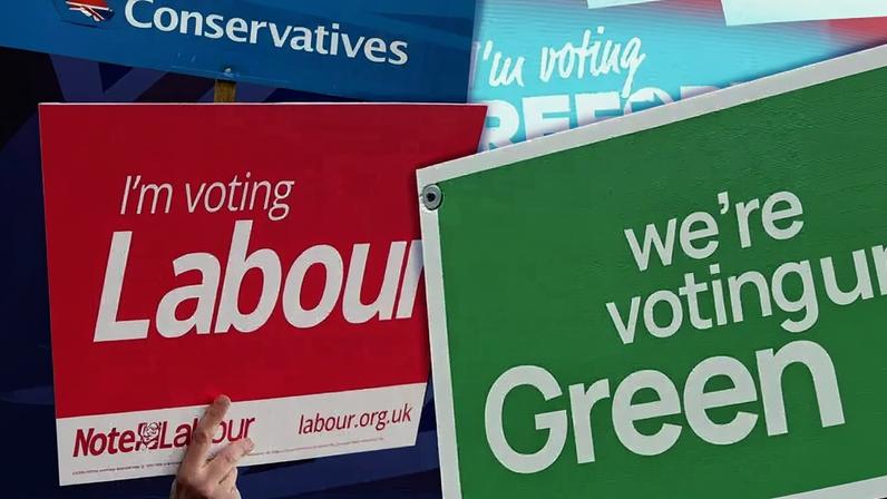Photo illustration of overlapping campaign posters from various British political parties.