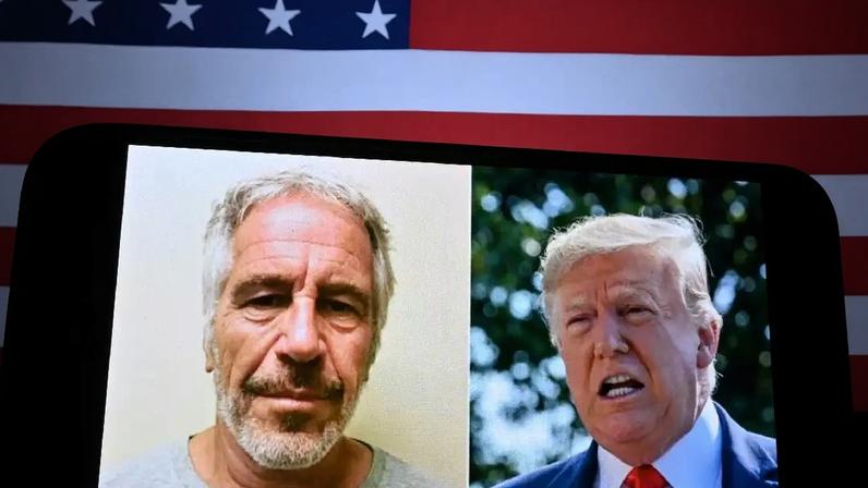 Foto de Epstein e Trump à frente da bandeira dos EUA