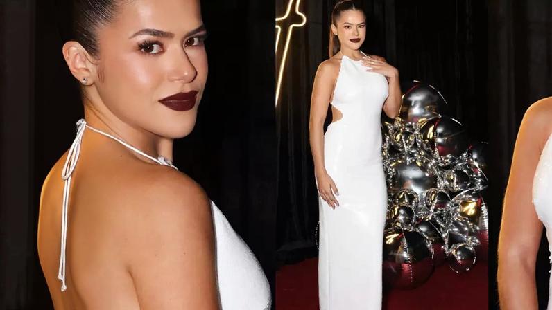 Vestido branco ‘clean’, rabo de cavalo sleek e bocão escuro: Maisa aposta em contraste marcante para aniversário de 24 anos.