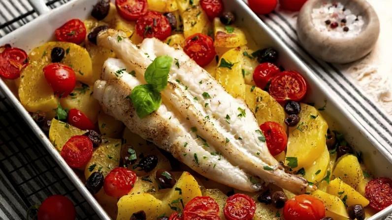 Peixe assado com vegetais