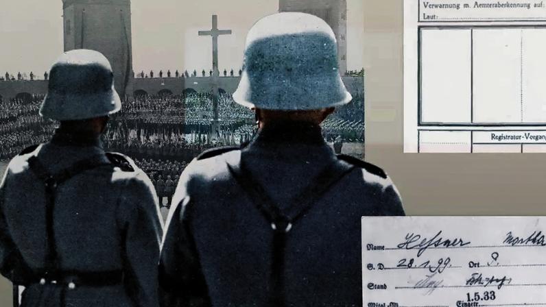 Uma imagem composta de dois soldados nazistas observando milhares de tropas em formação em um estádio na Polônia. Um documento de filiação assinado está sobreposto no canto inferior direito da imagem, e um formulário nazista em branco está sobreposto no canto superior direito.