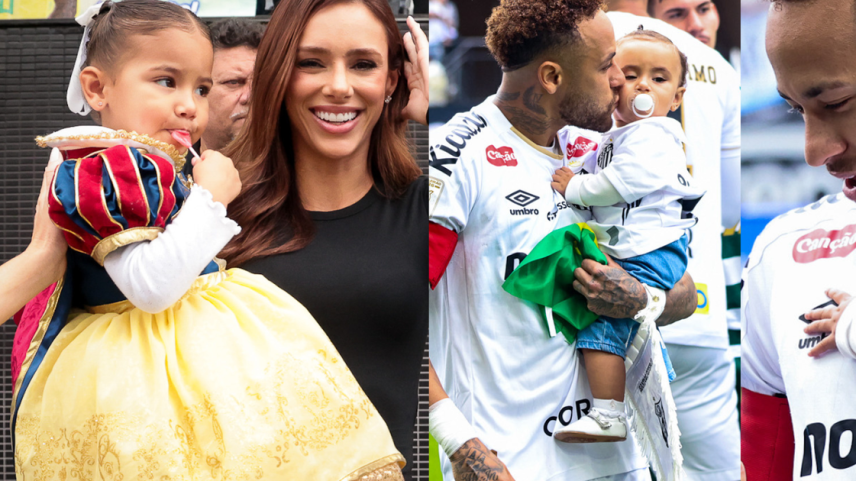 Mavie de Branca de Neve e Mel com camisa ‘papai’: filhas de Neymar e Bruna Biancardi roubam a cena com looks fofíssimos em jogo do Santos.