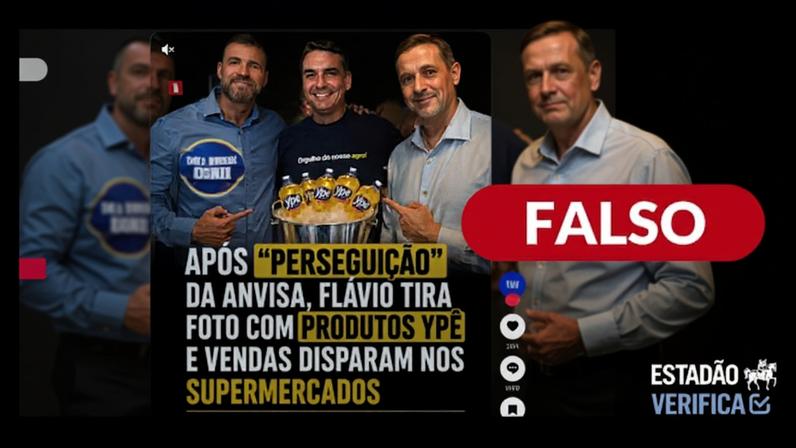 Fotografia com Flávio Bolsonaro foi editada para acrescentar detergentes Ypê.
