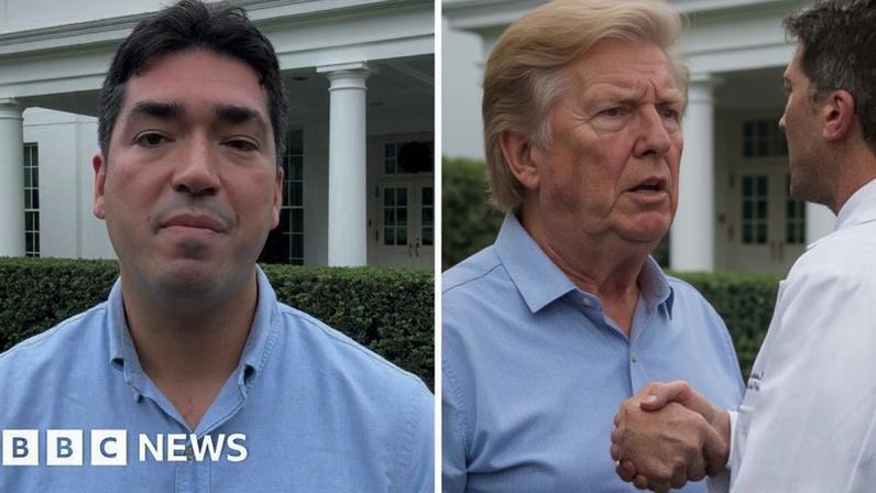 Split screen of a man in a blue shirt and a Trump shaking hands with a man in a white coat.