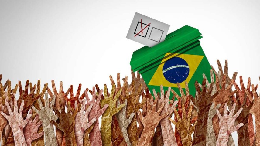 Ilustração em 3D com referência a eleitores no Brasil - mãos levantadas para o alto, com uma urna pintada com a bandeira brasileira e voto sendo depositado