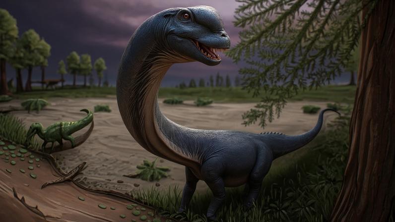 Dinossauro de pescoço longo azul-acinzentado com boca aberta, comendo folhas de uma árvore à direita. Um dinossauro verde menor está à esquerda, perto de um riacho com plantas aquáticas. O céu é roxo-avermelhado, com árvores ao fundo.