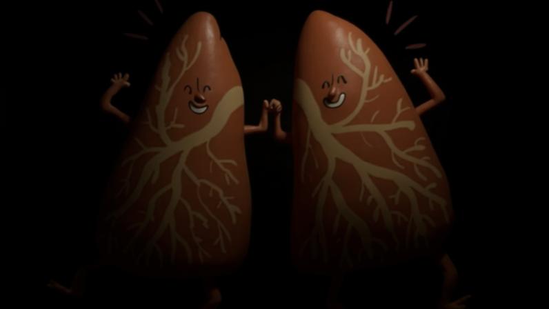 Cartoon illustration of two happy dancing lungs showing regeneration