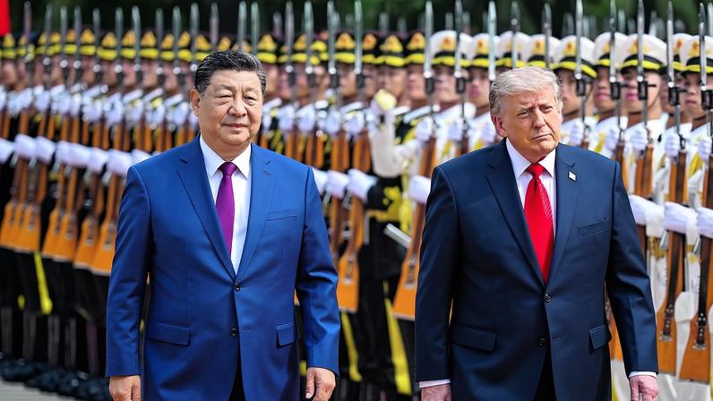 Trump (à direita) passa em revista tropas da guarda de honra do Exército da China ao lado de Xi, no Grande Salão do Povo: Taiwan temia qualquer concessão da parte de Washington a Pequim — Foto: Kenny Holston/Pool/The New York Times via AP