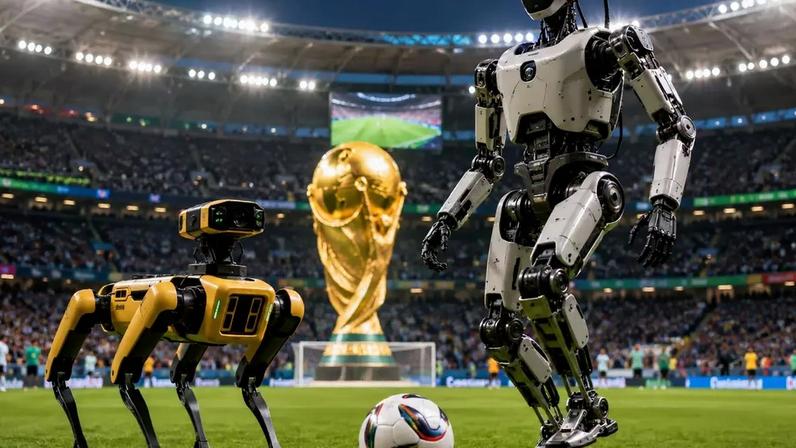 Robo Atlas e Spot em estádio - imagem produzida por IA