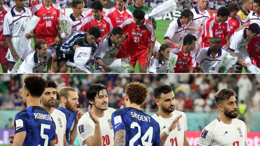 Jogadores de Irã e EUA posam juntos antes de duelo pela Copa de 1998; Países se reencontram no Mundial de 2022