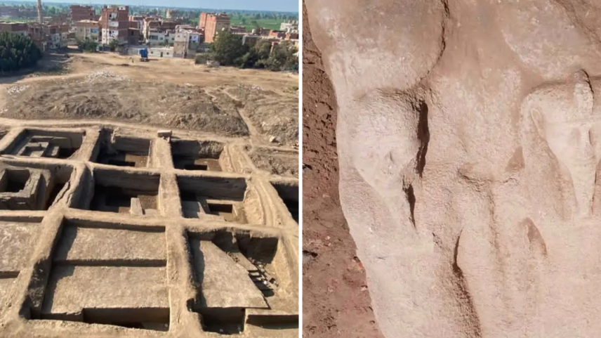 Sítio arqueológico e estátua maciça atribuída a Ramsés II. (Foto: Ministério do Turismo e Antiguidades)