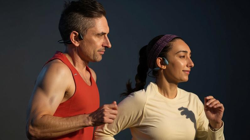 Casal corre com fones de condução óssea