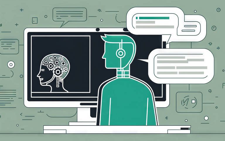 Ilustração em vetor de um homem de perfil em frente ao computador. Na tela, imagem de uma cabeça com um cérebro artificial. Balões de fala saem do computador e do homem.