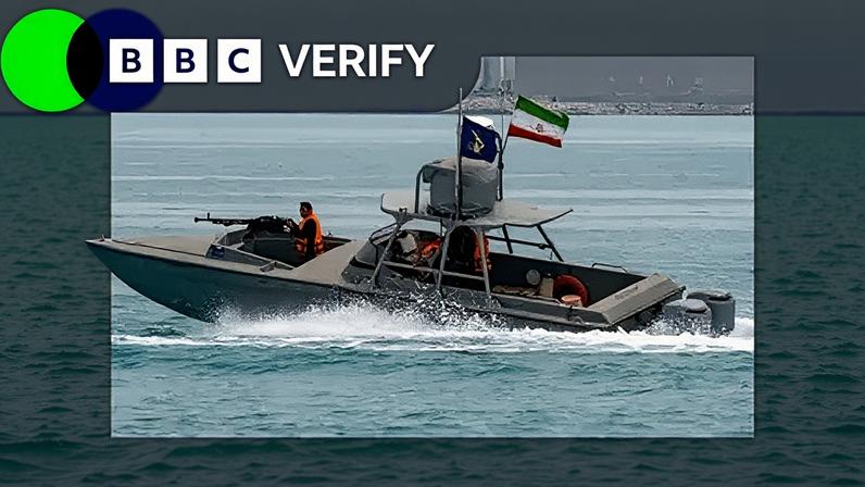 BBC An image with BBC Verify branding of an Iranian speedboat