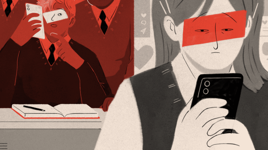 Ilustração de uma adolescente olhando para o telefone celular e, ao fundo um grupo de três meninos fazendo o mesmo