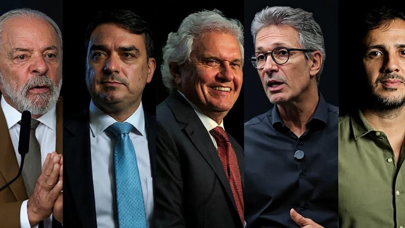 Lula (PT), Flávio Bolsonaro (PL), Ronaldo Caiado (PSD), Romeu Zema (Novo) e Renan Santos (Missão), pré-candidatos à Presidência da República