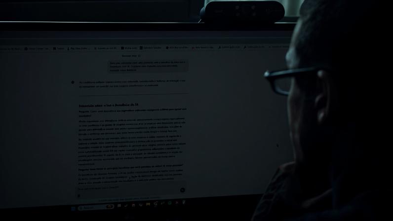Homem utiliza ChatGPT em seu computador para trabalhar e estudar
