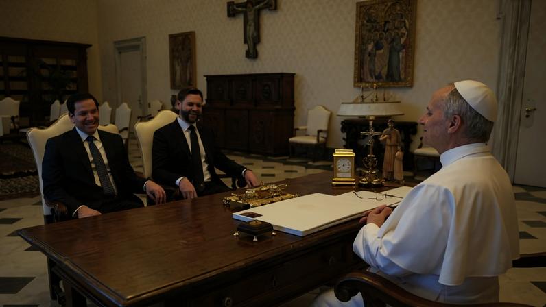 O secretário de Estado dos EUA, Marco Rubio, e o vice-presidente J. D. Vance, em reunião com o papa Leão 14, no Vaticano