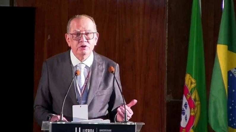 O ministro Gilmar Mendes durante o fórum de Lisboa, em 2024