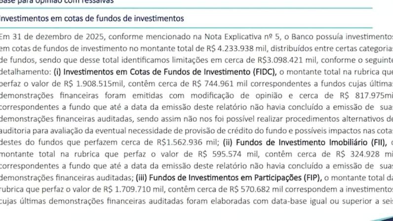 Trecho de auditoria sobre as demonstrações financeiras do Digimais mostra ressalvas em R$ 3 bilhões dos R$ 4 bilhões investidos pelo banco em fundos