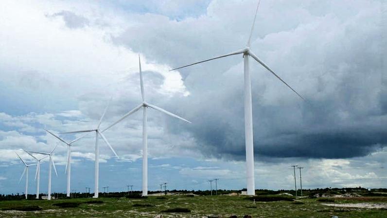 A imagem mostra um parque eólico com várias turbinas eólicas brancas em um campo aberto. O céu está nublado, com nuvens escuras, e há algumas vacas pastando no gramado ao fundo. As turbinas estão alinhadas em uma linha, e a vegetação é baixa e esparsa.