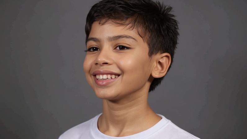 Menino de cabelo curto e escuro sorri levemente, vestindo camiseta branca com estampa colorida que mostra uma cena urbana com figuras e prédios. Fundo é branco e uniforme.