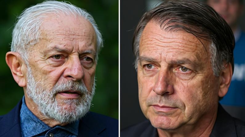 Montagem com fotografia do presidente Lula (PT), à esq., e o ex-presidente Jair Bolsonaro (PL)