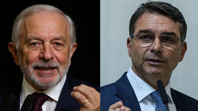 O presidente Luiz Inácio Lula da Silva (PT) e o senador Flávio Bolsonaro, pré-candidato do PL à Presidência